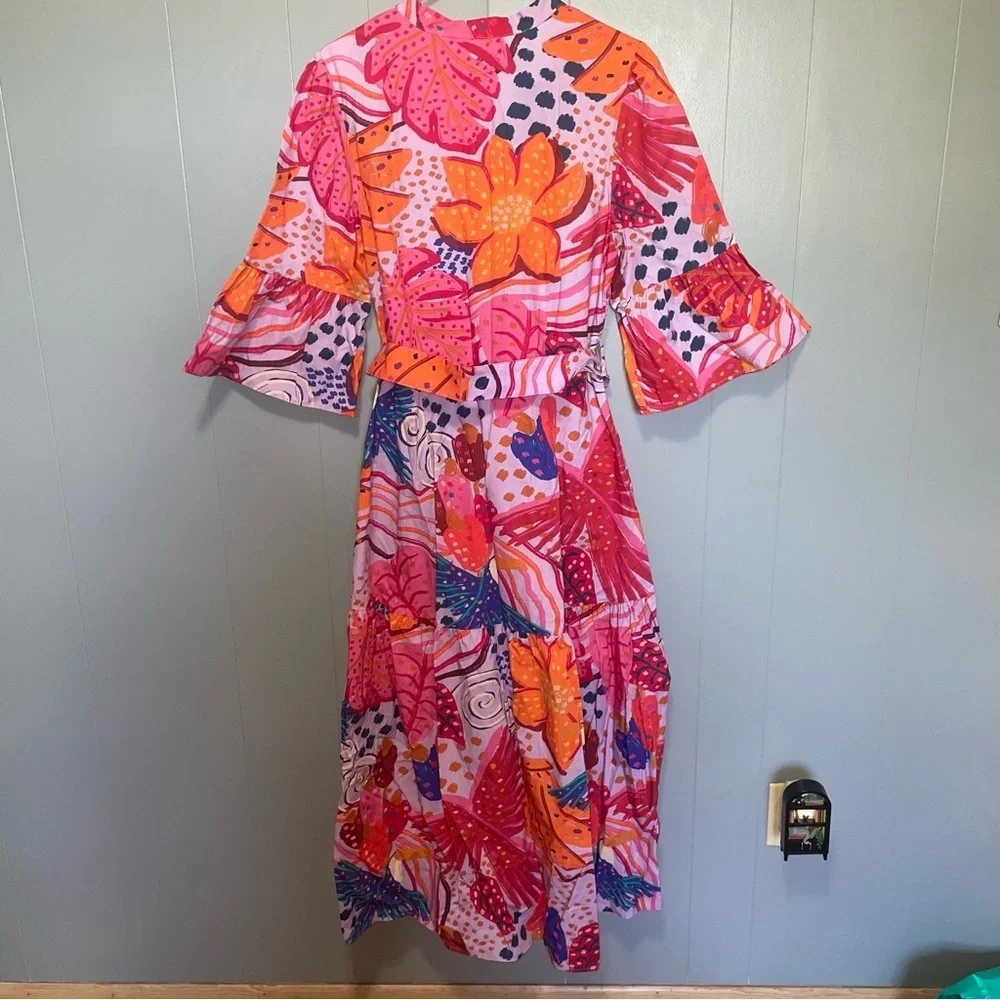 FARM RIO Botanical Print Belted Mid Dress Large - Picture 6 of 8